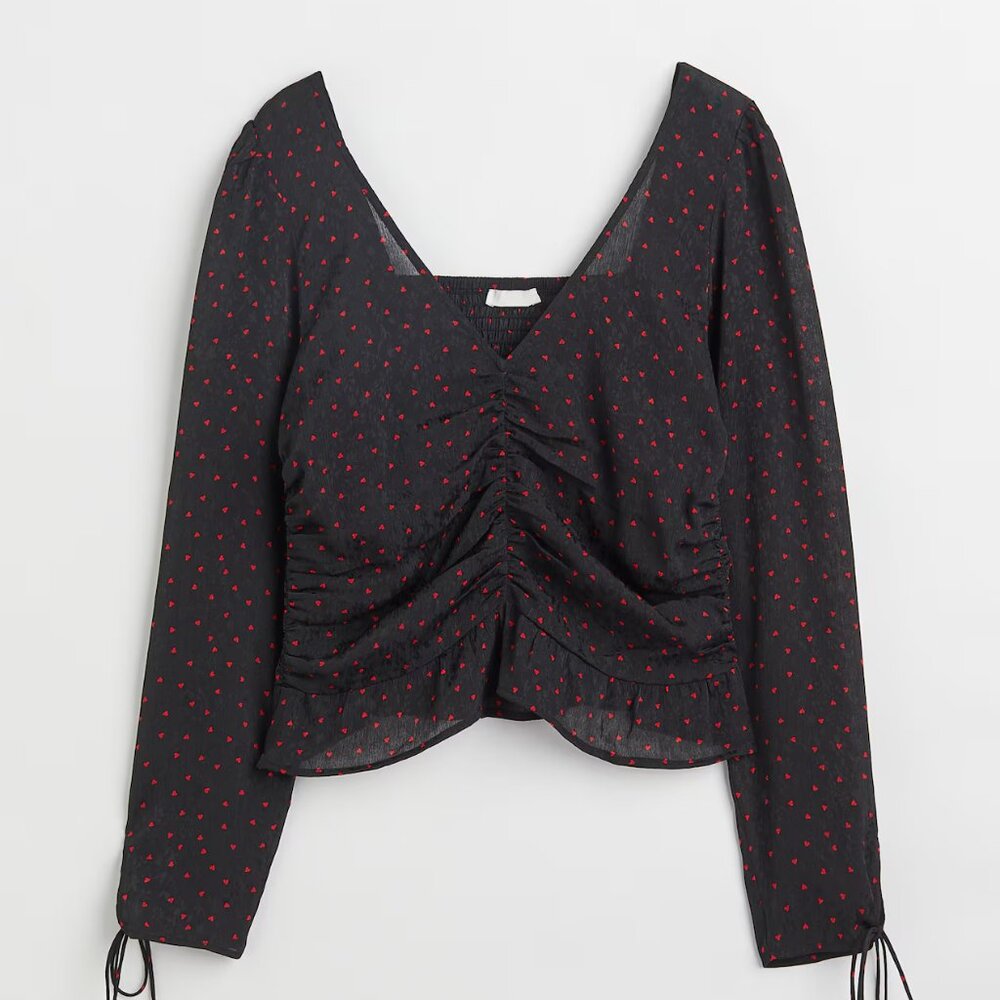 H&M Women's Long Sleeve Black Heart Print Blouse Top Size‎ S